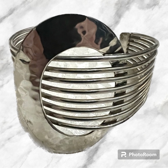 Jewelry - Hammered Circle Modernist Wide Cuff
Bracelet Sterling Silver .925